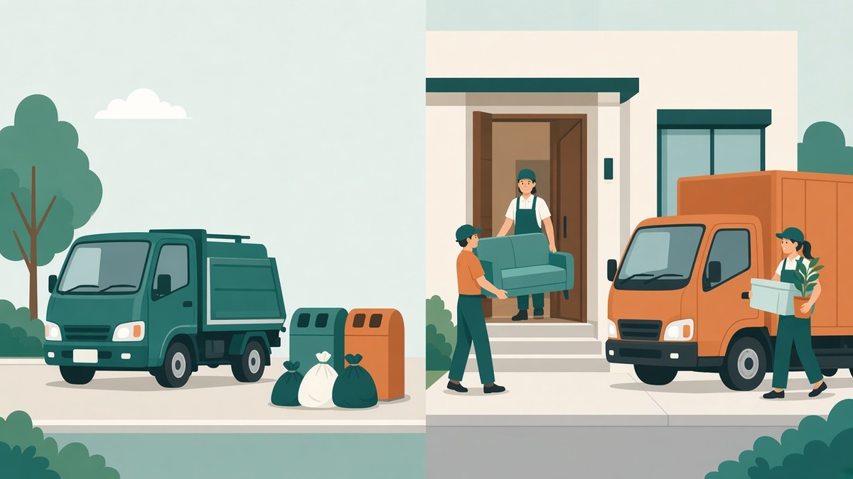 自治体の収集車と民間のトラックのイラスト。自治体と民間の片付けの違いのアイキャッチ