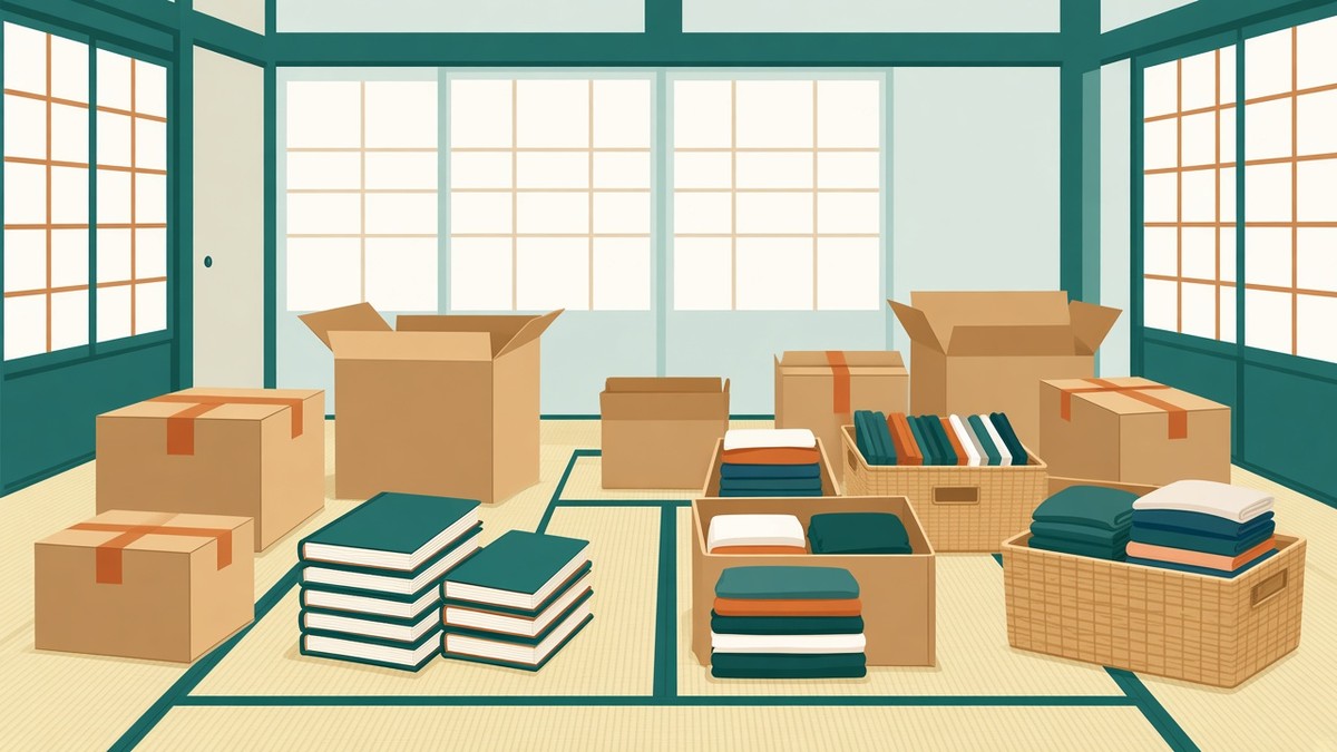 実家の部屋と仕分けラベルのイラスト。荷物をどこから分けるかのアイキャッチ
